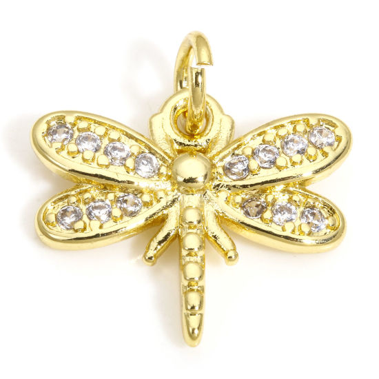 Picture of 2 PCs Brass Charms 18K Gold Plated Dragonfly Animal Clear Cubic Zirconia 17mm x 15mm