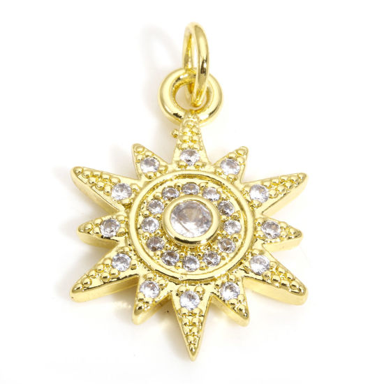Picture of 2 PCs Brass Galaxy Charms 18K Gold Plated Sun Clear Cubic Zirconia 22mm x 14mm