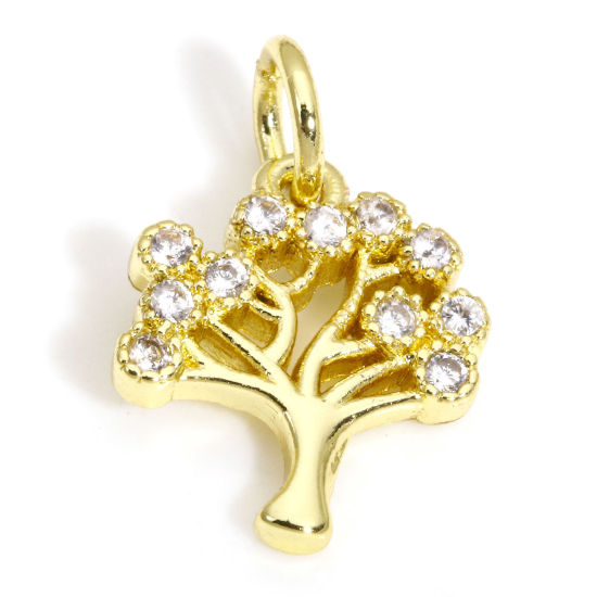 Picture of 2 PCs Eco-friendly Brass Charms Wholesale 18K Real Gold Plated Tree Clear Cubic Zirconia 15mm x 10mm