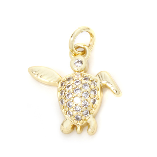 Picture of 2 PCs Eco-friendly Brass Ocean Jewelry Charms Wholesale 18K Real Gold Plated Sea Turtle Animal Clear Cubic Zirconia 18mm x 15mm