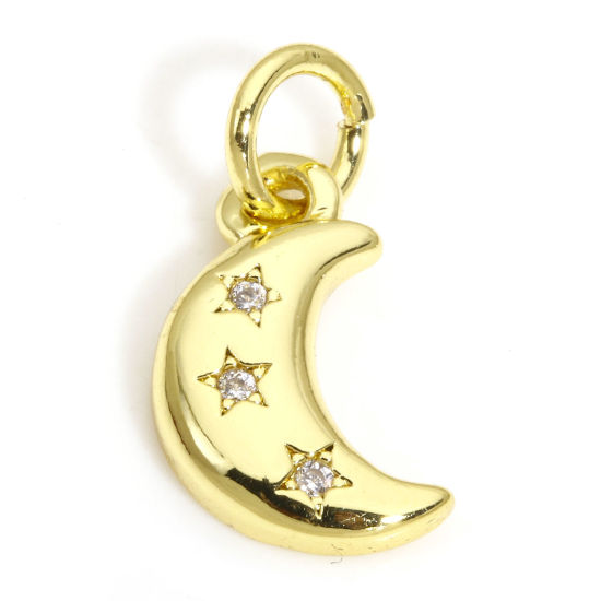 Picture of 2 PCs Eco-friendly Brass Galaxy Charms Wholesale 18K Real Gold Plated Half Moon Clear Cubic Zirconia 15mm x 7mm