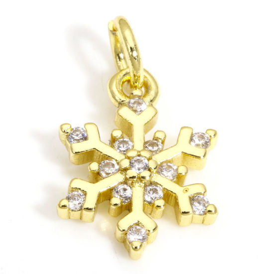Picture of 2 PCs Eco-friendly Brass Weather Collection Charms Wholesale 18K Real Gold Plated Christmas Snowflake Clear Cubic Zirconia 16mm x 9.5mm