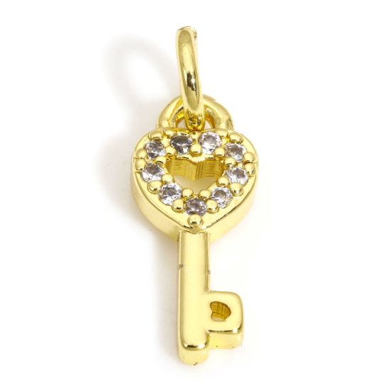 Picture of 2 PCs Eco-friendly Brass Charms Wholesale 18K Real Gold Plated Key Clear Cubic Zirconia 16.5mm x 6mm