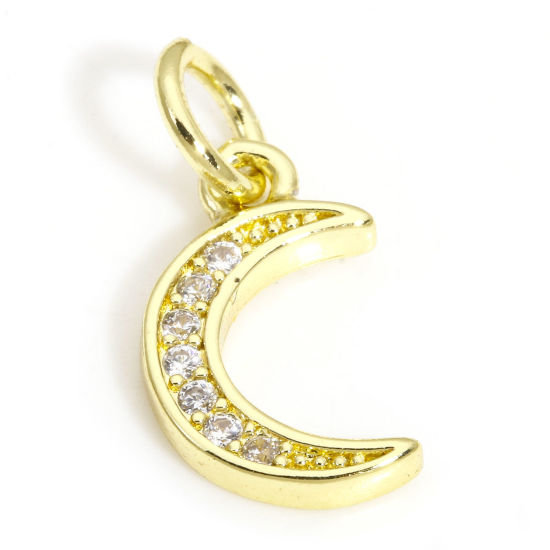 Picture of 2 PCs Eco-friendly Brass Galaxy Charms Wholesale 18K Real Gold Plated Crescent Moon Double Horn Clear Cubic Zirconia 15mm x 7mm