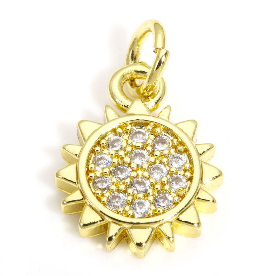 Picture of 2 PCs Eco-friendly Brass Charms Wholesale 18K Real Gold Plated Sunflower Sun Clear Cubic Zirconia 16mm x 10mm