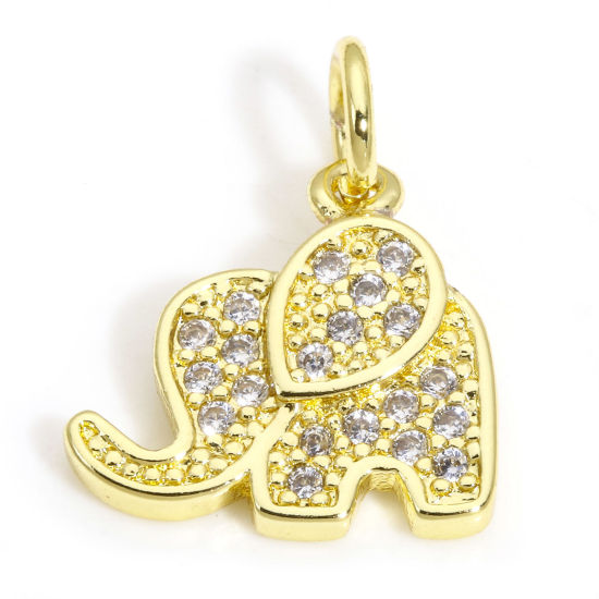 Picture of 2 PCs Eco-friendly Brass Charms Wholesale 18K Real Gold Plated Elephant Animal Clear Cubic Zirconia 15mm x 12mm