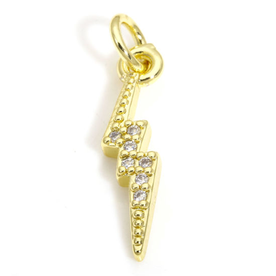Picture of 2 PCs Eco-friendly Brass Weather Collection Charms Wholesale 18K Real Gold Plated Lightning Clear Cubic Zirconia 21mm x 4.5mm