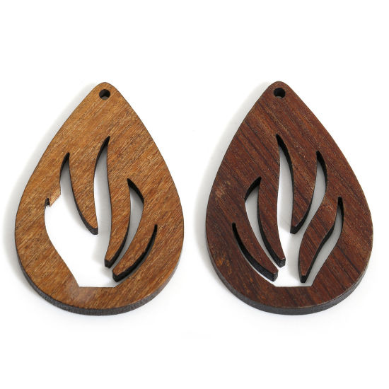 Image de 5 Pcs Pendentifs en Juglans Brun Foncé Goutte d'Eau Feu Flamme à Strass Creux 4cm x 2.6cm