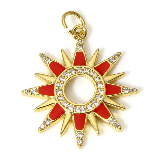 Bild von 1 Stück Messing Galaxis Charms 18K Echtgold plattiert Rot Stern Emaille Klar Zirkonia 27mm x 21,5mm