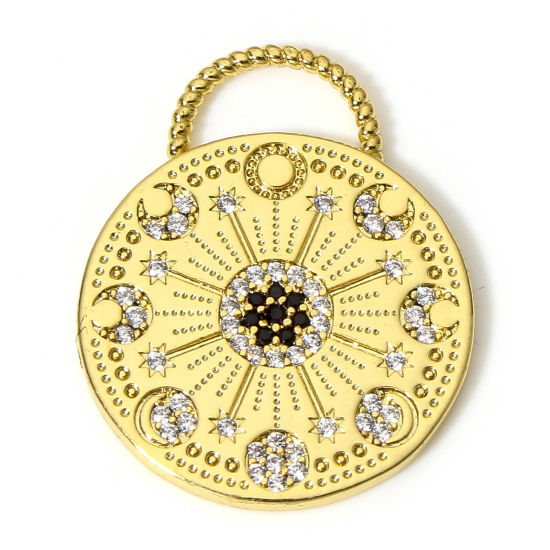 Bild von 1 Stück Messing Galaxis Charms 18K Echtgold plattiert Halbmond Stern Micro Pave Klar & Schwarz Zirkonia 27mm x 22mm