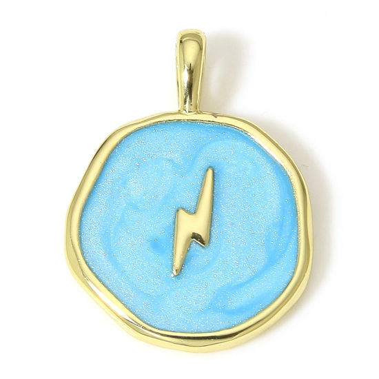 Picture of 1 Piece Brass Weather Collection Disc Charms 18K Real Gold Plated Blue Irregular Lightning Enamel 18.5mm x 14mm