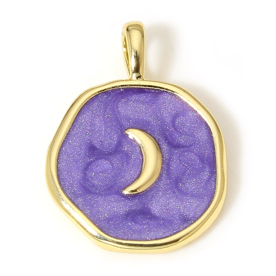 Picture of 1 Piece Brass Galaxy Disc Charms 18K Real Gold Plated Purple Irregular Moon Enamel 18.5mm x 14mm