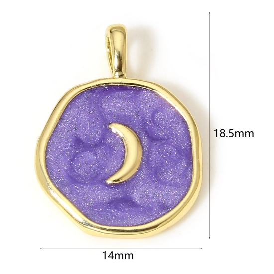 Picture of 1 Piece Brass Galaxy Disc Charms 18K Real Gold Plated Purple Irregular Moon Enamel 18.5mm x 14mm