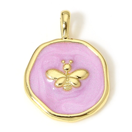 Picture of 1 Piece Brass Insect Disc Charms 18K Real Gold Plated Mauve Irregular Bee Enamel 18.5mm x 14mm