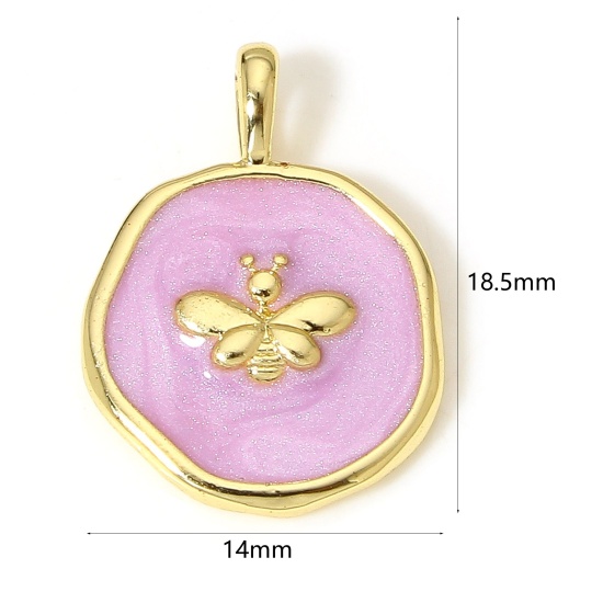 Picture of 1 Piece Brass Insect Disc Charms 18K Real Gold Plated Mauve Irregular Bee Enamel 18.5mm x 14mm