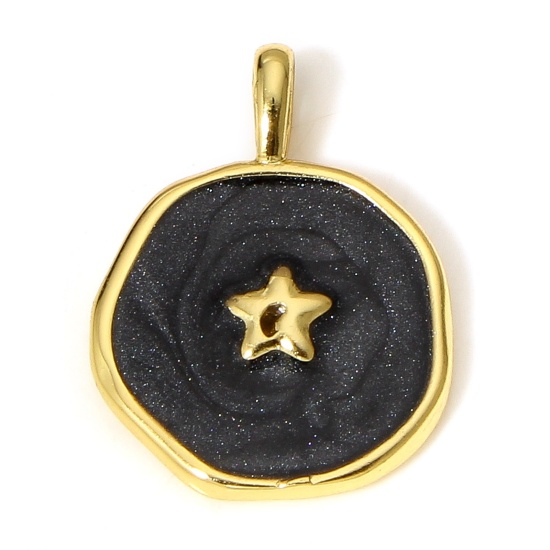 Picture of 1 Piece Brass Galaxy Disc Charms 18K Real Gold Plated Black Irregular Pentagram Star Enamel 18.5mm x 14mm