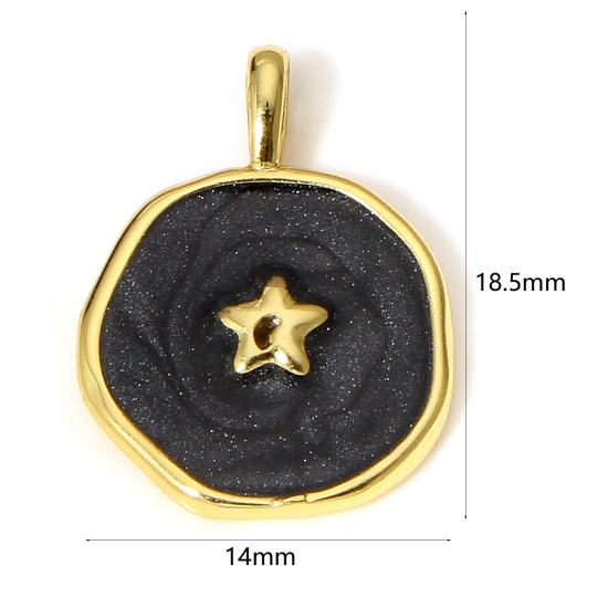 Picture of 1 Piece Brass Galaxy Disc Charms 18K Real Gold Plated Black Irregular Pentagram Star Enamel 18.5mm x 14mm