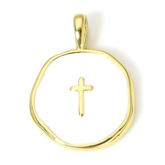 Picture of 1 Piece Brass Religious Disc Charms 18K Real Gold Plated White Irregular Cross Enamel 18.5mm x 14mm