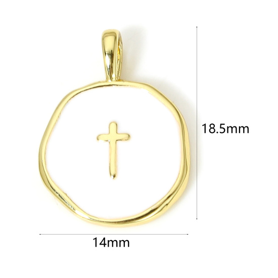 Picture of 1 Piece Brass Religious Disc Charms 18K Real Gold Plated White Irregular Cross Enamel 18.5mm x 14mm