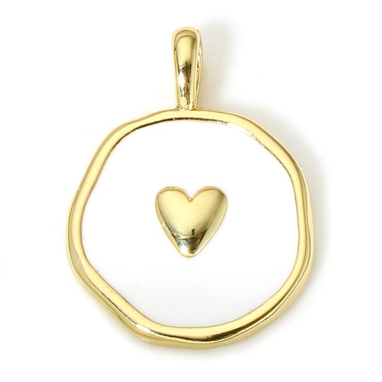 Picture of 1 Piece Brass Valentine's Day Disc Charms 18K Real Gold Plated White Irregular Heart Enamel 18.5mm x 14mm