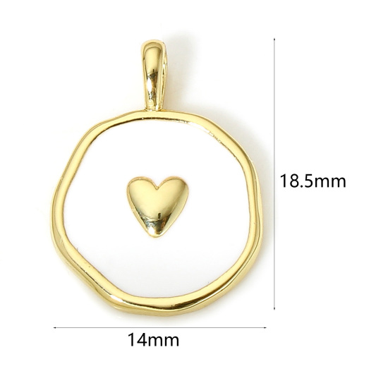 Picture of 1 Piece Brass Valentine's Day Disc Charms 18K Real Gold Plated White Irregular Heart Enamel 18.5mm x 14mm