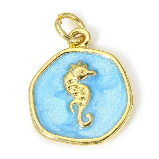 Picture of 1 Piece Brass Ocean Jewelry Disc Charms 18K Real Gold Plated Blue Irregular Seahorse Enamel 20mm x 15mm