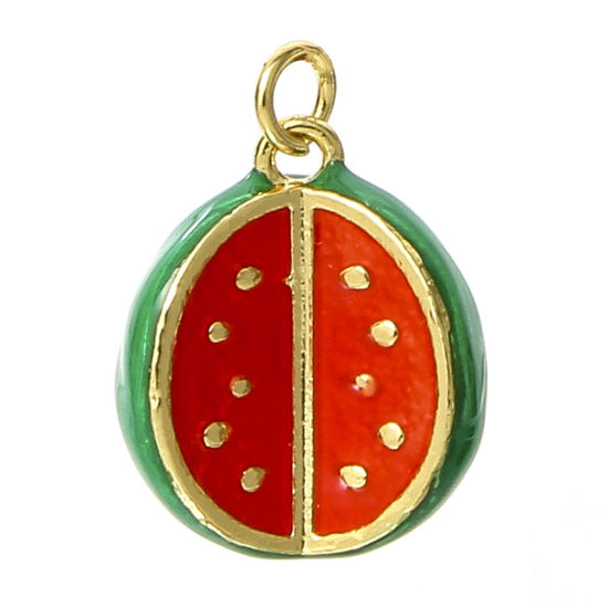 Image de 1 Pièce Breloques en Laiton Pasthèque Plaqué Or Véritable 18K Rouge & Vert Émail 16mm x 13mm