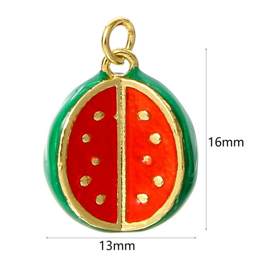 Image de 1 Pièce Breloques en Laiton Pasthèque Plaqué Or Véritable 18K Rouge & Vert Émail 16mm x 13mm