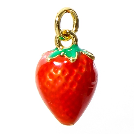 Image de 1 Pièce Breloques en Laiton Fraises Plaqué Or Véritable 18K Rouge Émail 11.5mm x 7.5mm