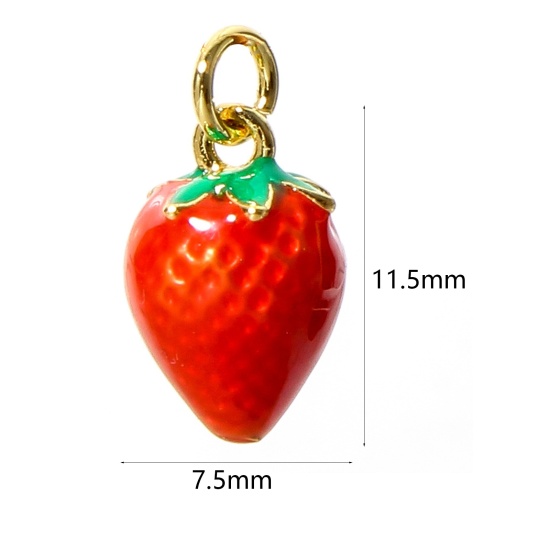 Image de 1 Pièce Breloques en Laiton Fraises Plaqué Or Véritable 18K Rouge Émail 11.5mm x 7.5mm