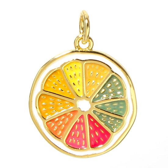 Image de 1 Pièce Breloques en Laiton Citron Plaqué Or Véritable 18K Multicolore Émail 18.5mm x 16mm