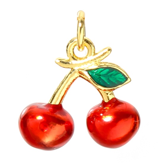 Image de 1 Pièce Breloques en Laiton Cerise Plaqué Or Véritable 18K Rouge Émail 12mm x 11.5mm
