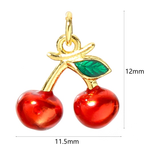 Image de 1 Pièce Breloques en Laiton Cerise Plaqué Or Véritable 18K Rouge Émail 12mm x 11.5mm