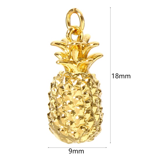 Image de 1 Pièce Breloques en Laiton Ananas Plaqué Or Véritable 18K 3D 18mm x 9mm