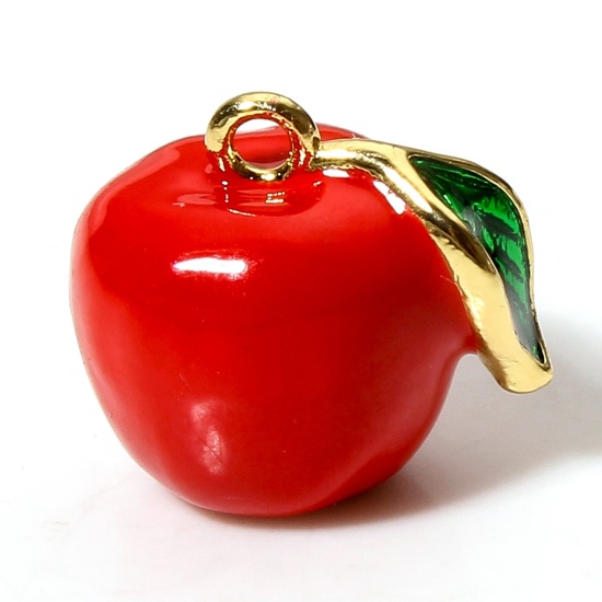 Image de 1 Pièce Breloques en Laiton Pomme Plaqué Or Véritable 18K Rouge Émail 12mm x 11mm