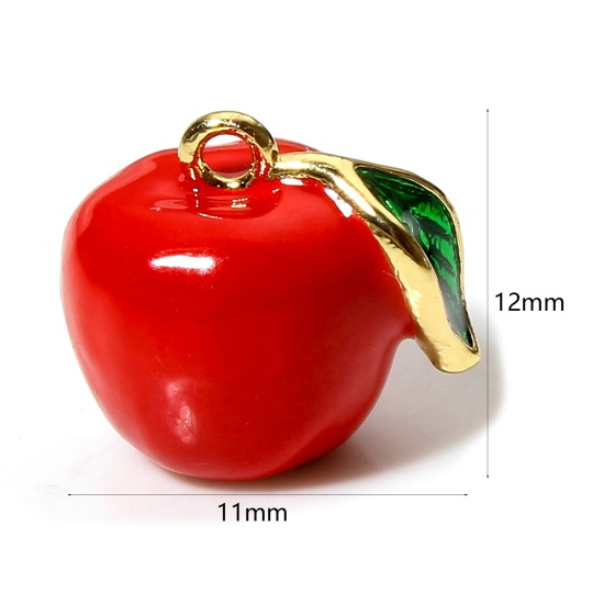 Image de 1 Pièce Breloques en Laiton Pomme Plaqué Or Véritable 18K Rouge Émail 12mm x 11mm