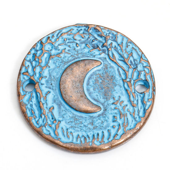 Picture of 10 PCs Zinc Based Alloy Galaxy Connectors Charms Pendants Antique Copper Blue Round Moon Patina Finish Verdigris Effect 22mm Dia.