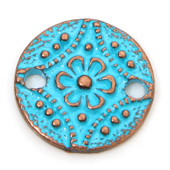 Picture of 10 PCs Zinc Based Alloy Ethnic Connectors Charms Pendants Antique Copper Blue Round Flower Patina Finish Verdigris Effect 11mm Dia.