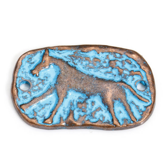 Picture of 10 PCs Zinc Based Alloy Maya Connectors Charms Pendants Antique Copper Blue Oval Horse Patina Finish Verdigris Effect 22mm x 14mm