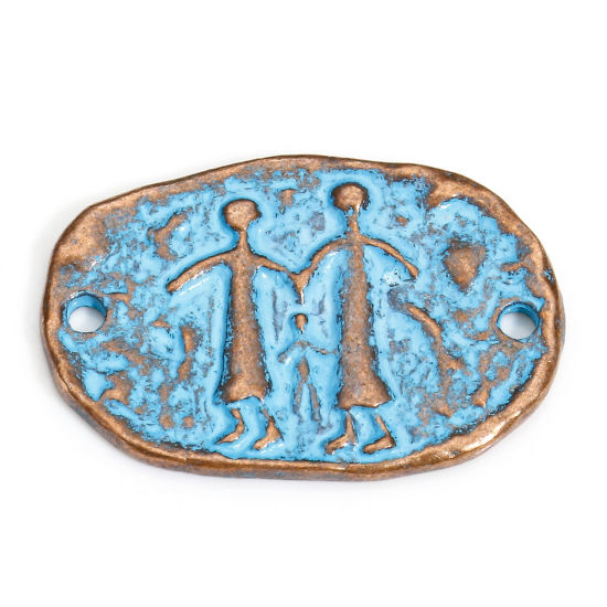 Picture of 10 PCs Zinc Based Alloy Maya Connectors Charms Pendants Antique Copper Blue Oval Person Patina Finish Verdigris Effect 21.5mm x 14.5mm