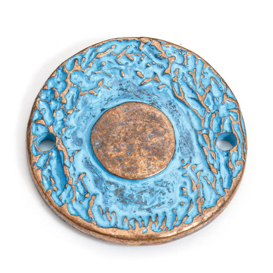Picture of 10 PCs Zinc Based Alloy Galaxy Connectors Charms Pendants Antique Copper Blue Round Sun Patina Finish Verdigris Effect 22mm Dia.
