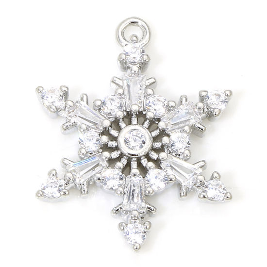 1 個 エコフレンドリー 真鍮 クリスマス チャーム クリスマス・スノーフレーク リアルプラチナメッキ クリアジルコン 17mmx 13mm、 の画像