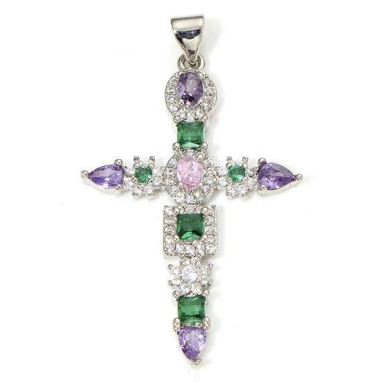 Image de 1 Pièce Pendentifs Religieux en Laiton Respectueux de la Nature Croix Plaqué Platine Véritable Micro Pave à Zircone Cubique Multicolore 4.3cm x 2.5cm