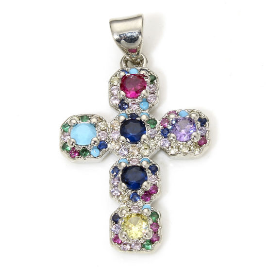Image de 1 Pièce Pendentif Breloque Religieux en Laiton Respectueux de la Nature Croix Plaqué Platine Véritable Micro Pave à Zircone Cubique Multicolore 29mm x 17mm