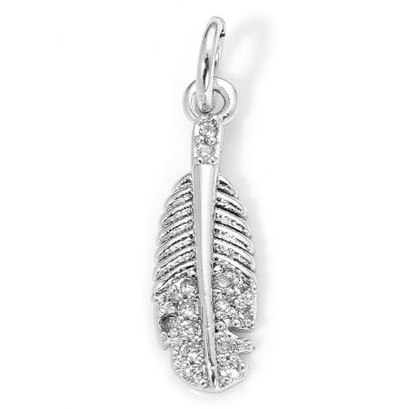 1 Piece Eco-friendly Brass Micro Pave Charms Real Platinum Plated Feather Clear Cubic Zirconia 20mm x 5.5mm