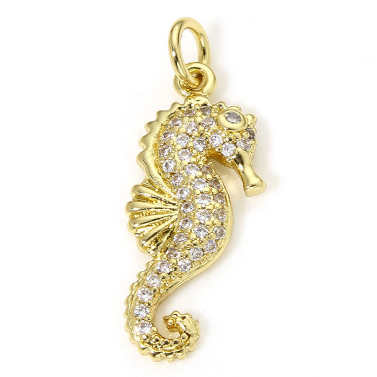 Image de 1 Pièce Breloques Bijoux d'Océan en Laiton Respectueux de la Nature Cheval de Mer Plaqué Or Véritable 18K Micro Pave à Zircone Cubique Clair 24.5mm x 9.5mm