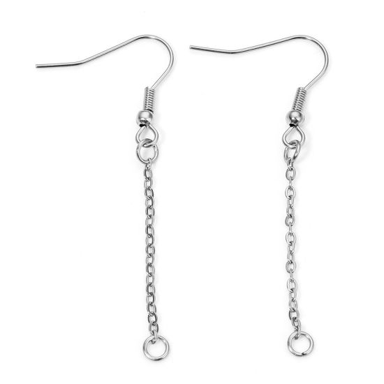 Picture of 2 PCs Eco-friendly 304 Stainless Steel Ear Wire Hooks Earrings For DIY Jewelry Making Accessories Silver Tone Tassel With Loop 55mm x 21mm, Post/ Wire Size: (21 gauge)