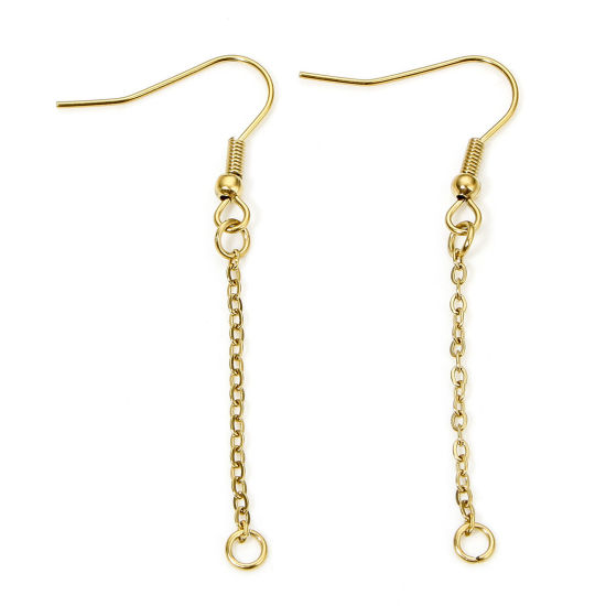 Picture of 2 PCs Eco-friendly PVD Vacuum Plating 304 Stainless Steel Ear Wire Hooks Earrings For DIY Jewelry Making Accessories Gold Plated Tassel With Loop 55mm x 21mm, Post/ Wire Size: (21 gauge)