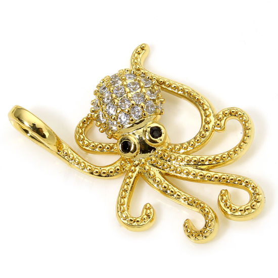Image de 1 Pièce Breloques Bijoux d'Océan en Laiton Respectueux de la Nature Poulpe Plaqué Or Véritable 18K Micro Pave à Zircone Cubique Clair & Noir 25mm x 18mm