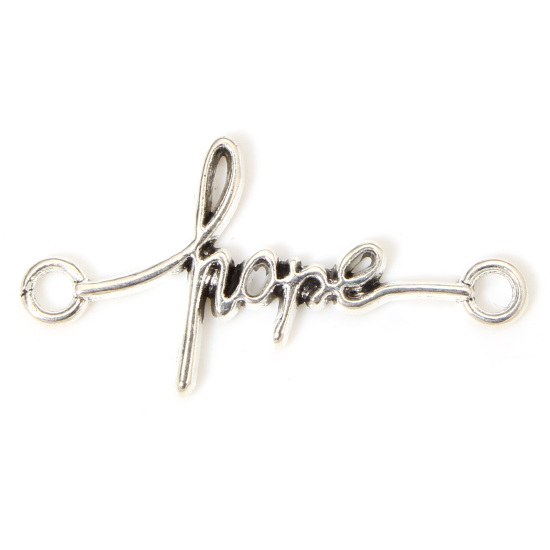 Picture of 50 PCs Zinc Based Alloy Positive Quotes Energy Connectors Charms Pendants Antique Silver Color English Vocabulary Message " Hope " 33mm x 17mm
